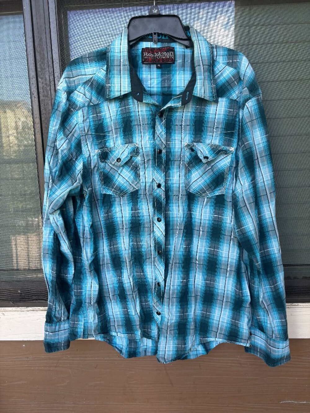 Rock & Roll Cowboy Men’s Teal Plaid Snap Western Shirt XL